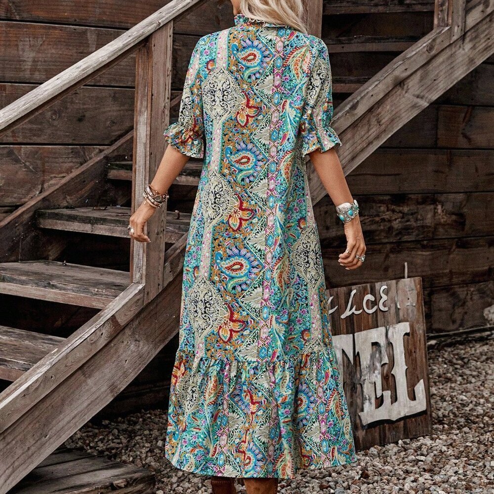 Multicolor Bohemian Women's Printed Mid-Sleeve Fringe Dress - Picture 2 of 7